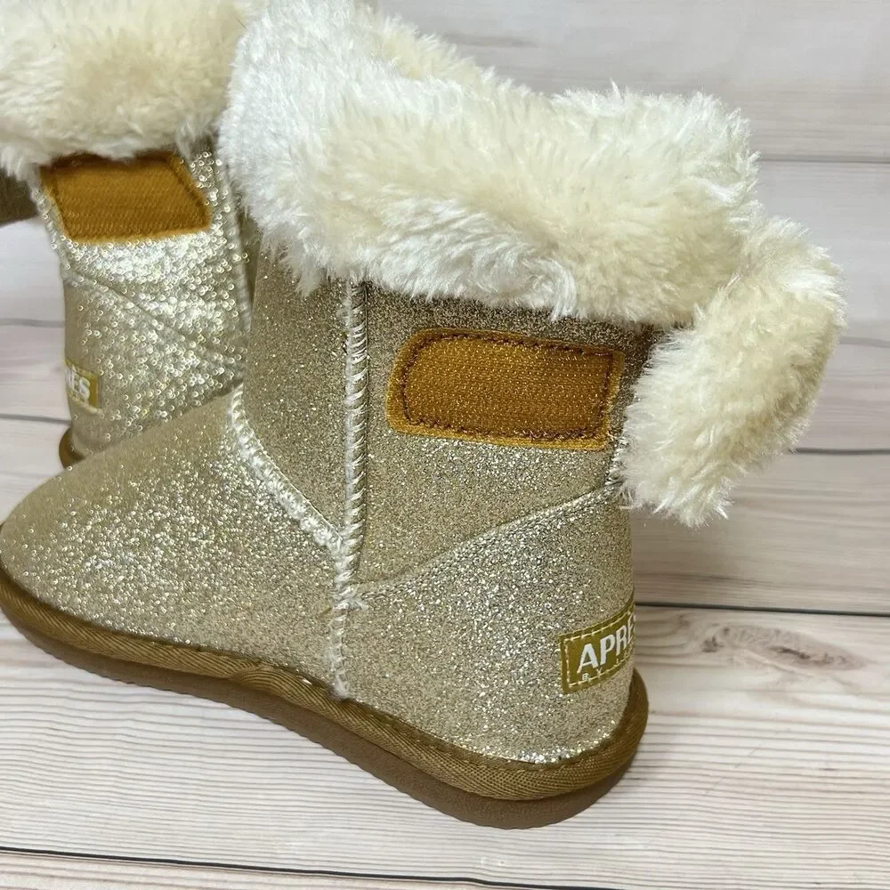 Lamo APRES Youth Winter Boots Girls 2Y Glitter Gold Slip-On Faux Fur Wrap Cuff